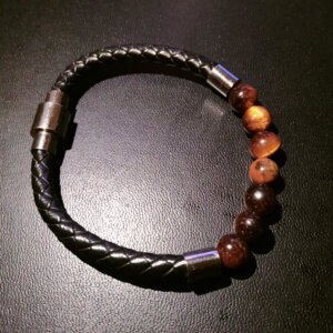 Pulsera de piel, acero y piedra ojo de tigre